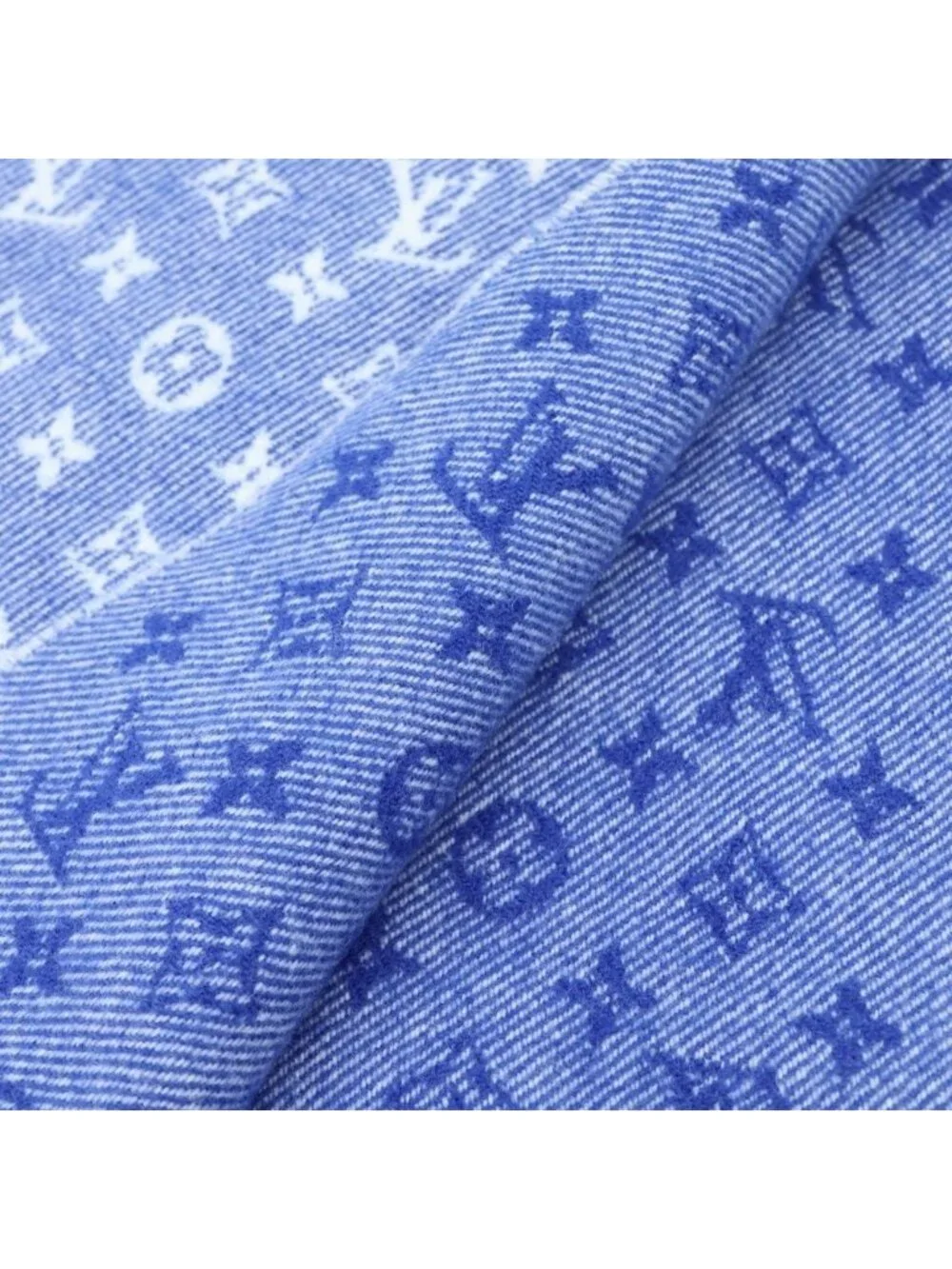 Louis Vuitton Echarpe Denim Embellished Monogram Patch Logo Fringe Wool Scarf